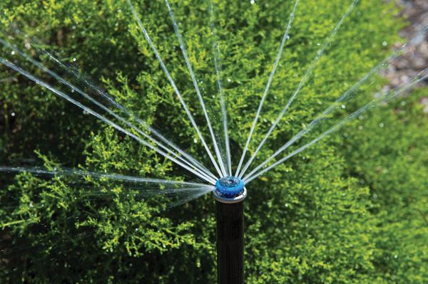 Versenkregner mit fächerförmigem Wasserstrahl im Rasen